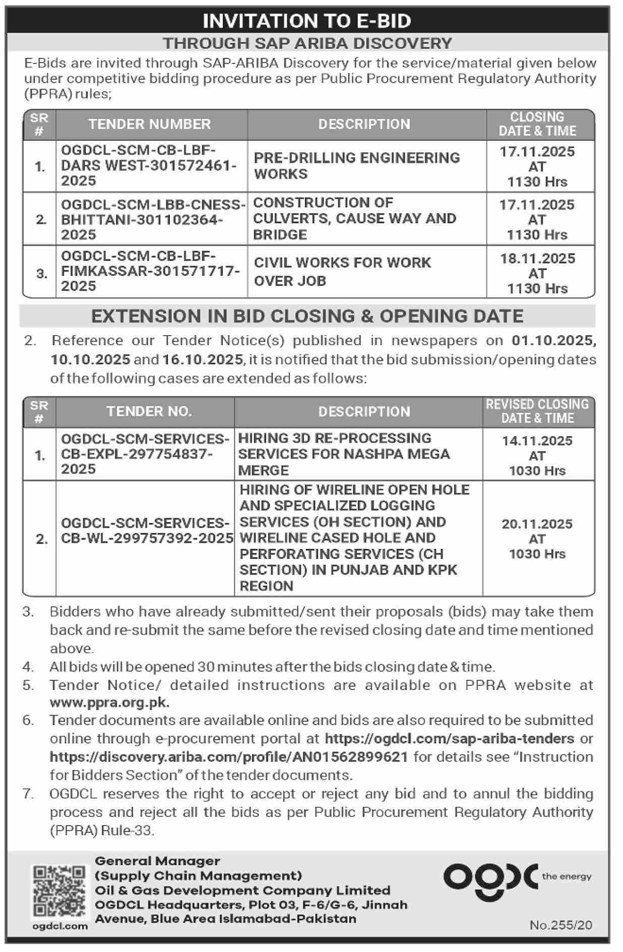 Oil & Gas Development Company Limited Islamabad Tender Notice
